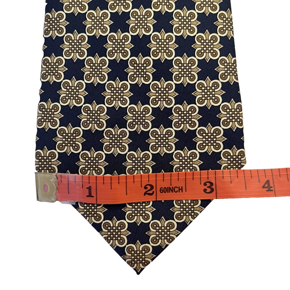 HERMÈS Silk Tie Men's 56.5x3.5" Navy Gold Geometric Foulard France 7642 TA - Picture 10 of 11
